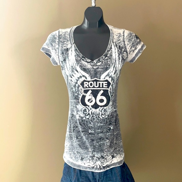 Route 66 slim fit bling distressed t shirt - Picture 1 of 6